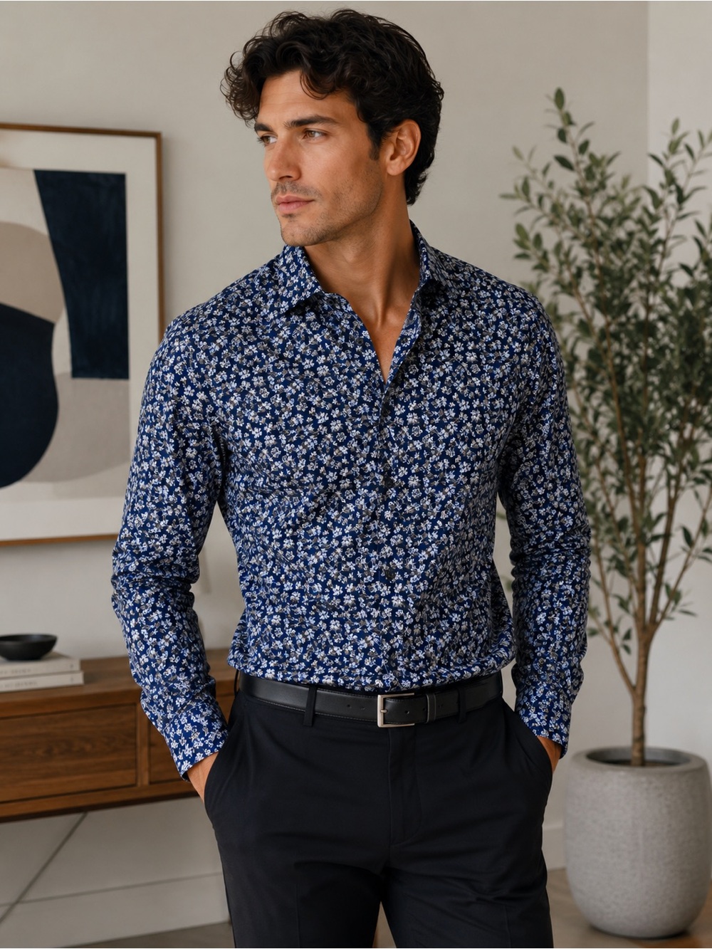 Michael Kors Men’s Floral Shirt Medium Slim Fit Navy Blue Stretch Cotton Button
